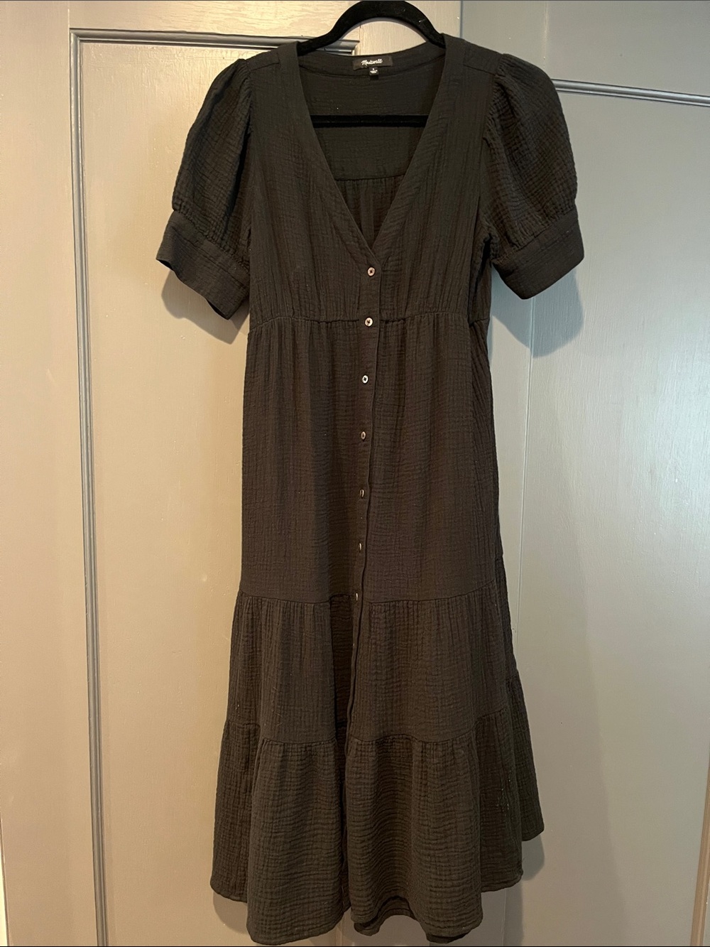 Madewell Black Button-Front Tiered Midi Dress